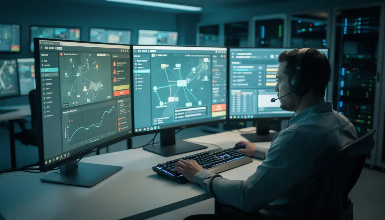 An IT technician is intently monitoring multiple screens that display various system dashboards and alerts