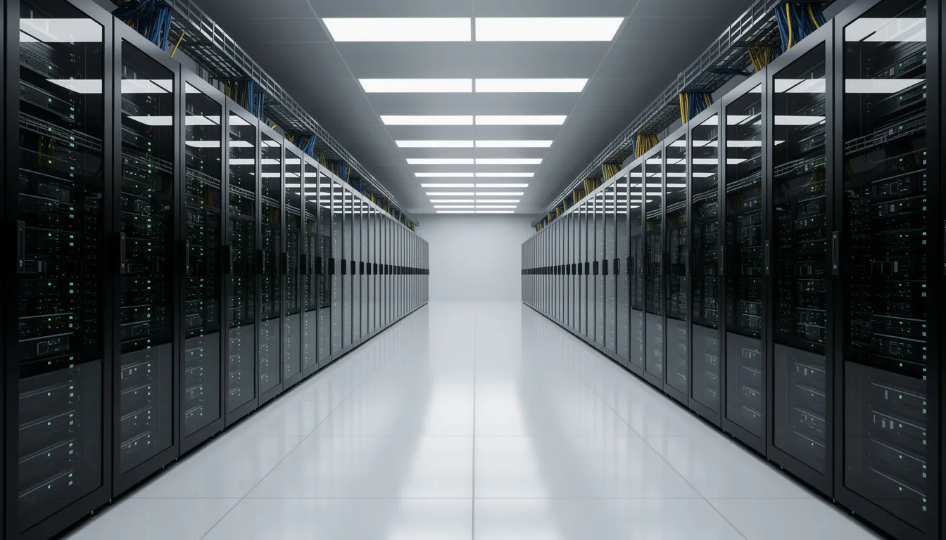 The image depicts a modern data center filled with rows of servers